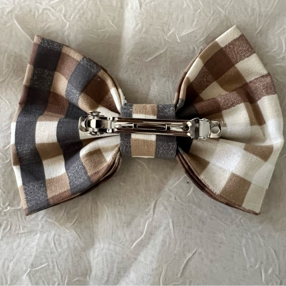 Bow Hair Clip, French Clip, Brown, Cream, White, & Gray Plaid Cotton, 5 x 3.5 in - Picture 4 of 4